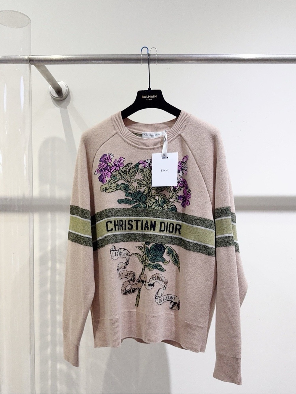 Dior Cream Pink Floral Logo Crewneck Sweater
